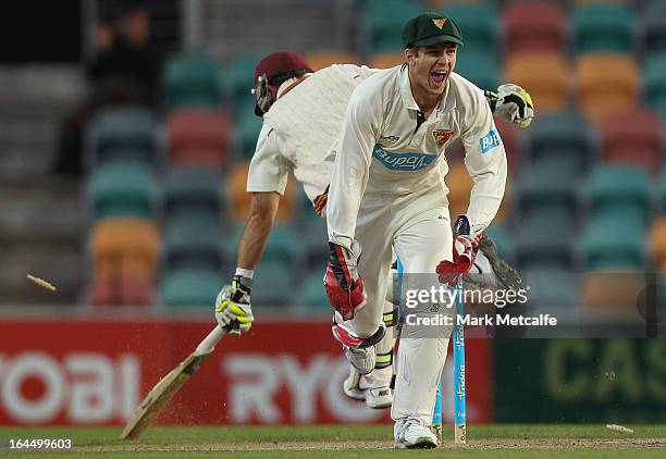 Tim Paine of the Tigers celebrates running out Chris Hartley of the Bulls off the bowling of James Faulkner during day three of the Sheffield Shield...