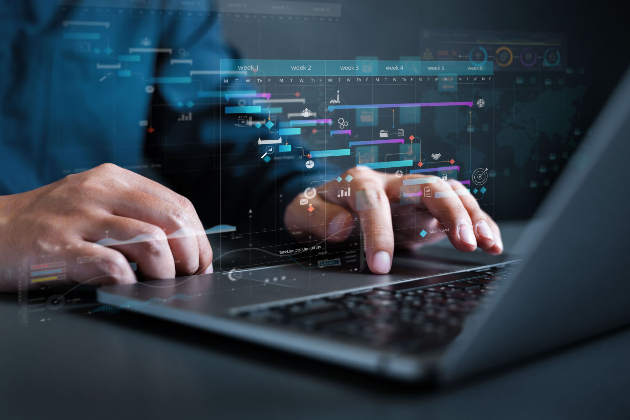 analytics chart, business analysis chart KPI showing icon on virtual screen monitor laptop by hologram virtual screen technology. analytics chart, business analysis chart KPI showing icon on virtual screen monitor laptop by hologram virtual screen technology.