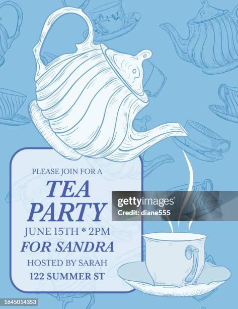 tea party invitation template - teapot stock illustrations