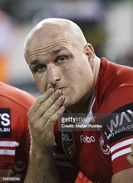 Michael Weyman watches from the bensh during the round three NRL match between the Canberra Raiders and the St George Illawarra Dragons at Canberra...