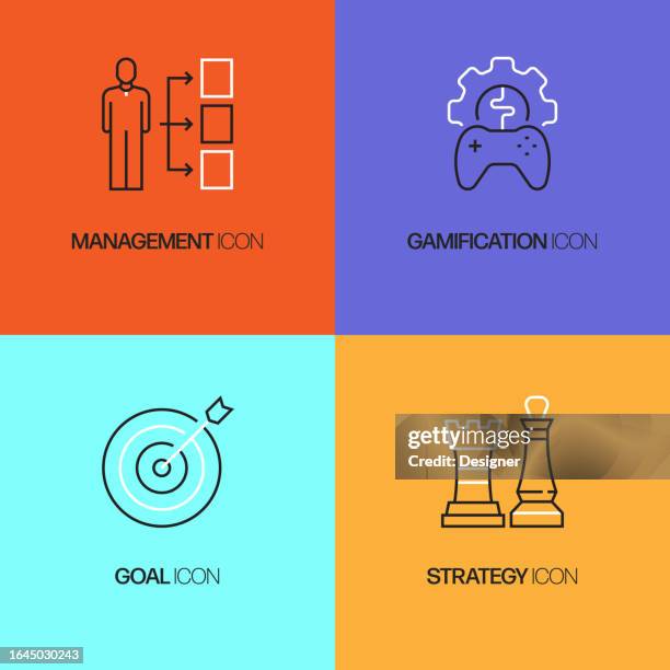 gamification related vector thin line icons. outline symbol collection - gamification phone stock illustrations