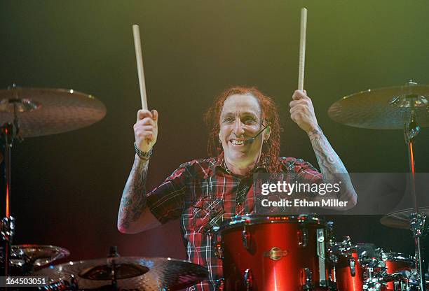 Sevendust drummer Morgan Rose performs at the Railhead at the Boulder Station Hotel & Casino as the band tours in support of the new album "Black Out...