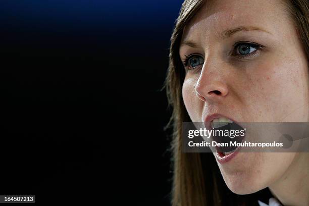 Rachel Homan of Canada screams instructions to team mates in the Bronze medal match between USA and Canada on Day 9 of the Titlis Glacier Mountain...