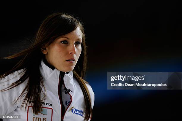 Rachel Homan of Canada looks on in the Bronze medal match between USA and Canada on Day 9 of the Titlis Glacier Mountain World Women's Curling...