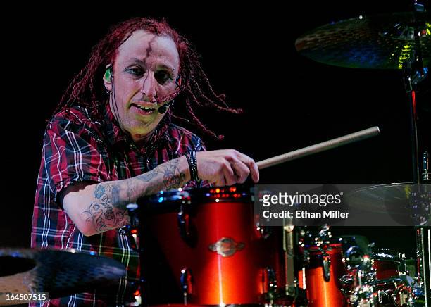 Sevendust drummer Morgan Rose performs at the Railhead at the Boulder Station Hotel & Casino as the band tours in support of the new album "Black Out...