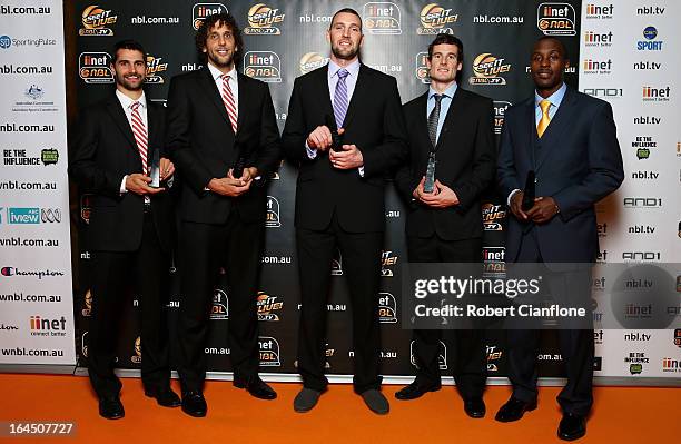 Kevin Lisch, Matthew Knight, Seth Scott, Ben Magden and Cedric Jackson pose after they were named in the NBL All Star Five team during the 2013...