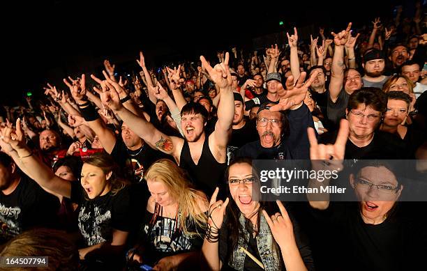 Fans react as Sevendust performs at the Railhead at the Boulder Station Hotel & Casino as the band tours in support of the new album "Black Out the...