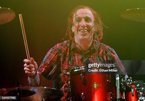 Sevendust drummer Morgan Rose performs at the Railhead at the Boulder Station Hotel & Casino as the band tours in support of the new album "Black Out...