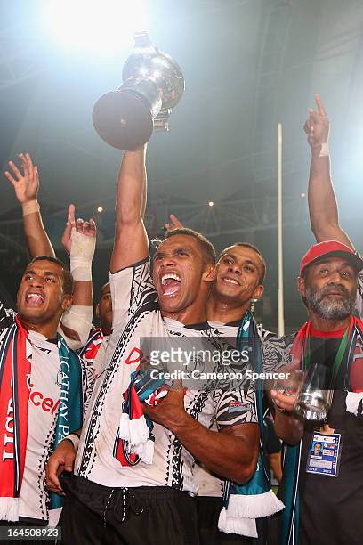 Osea Kolinisau of Fiji and team mates celebrate winning the Cup Final match against Wales during day three of the 2013 Hong Kong Sevens at Hong Kong...