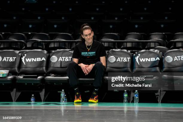 Breanna Stewart of the New York Liberty looks out and smiles prior to game against the Las Vegas Aces at Barclays Center on August 28, 2023 in New...