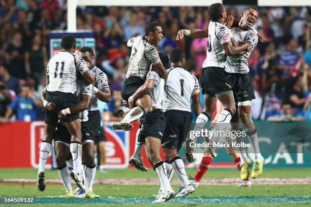 Fiji celebrate after winning the cup final match between Fiji and Wales during day three of the 2013 Hong Kong Sevens at Hong Kong Stadium on March...