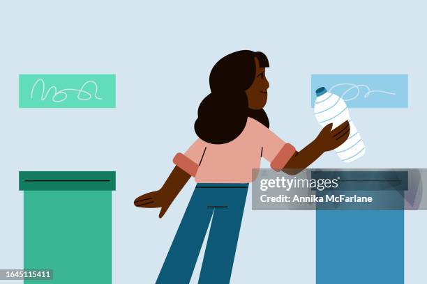 a young girl smiles as she chooses which recycling waste bin to put her plastic water bottle in - children recycling stock illustrations
