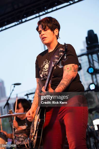 Musician Jenn Alva of Girl in a Coma performs in concert during the 1st Annual Maverick Music Festival at Maverick Plaza on March 23, 2013 in San...
