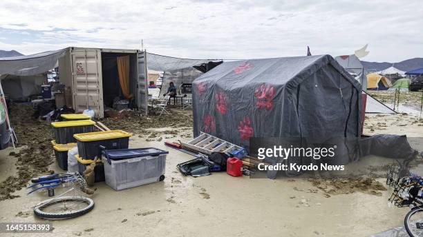 Photo taken on Sept. 2 shows tents amid the mud after torrential rain during the annual Burning Man festival at the temporary settlement of Black...