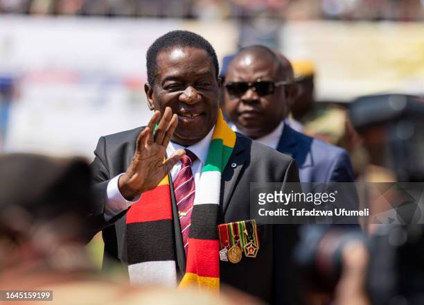 Zimbabwe's President Emmerson Mnangagwa arrives at his inauguration at a local stadium on September 4, 2023 in Harare, Zimbabwe. Mnangagwa won a new...
