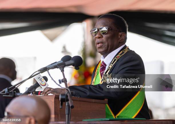 President Emmerson Mnangagwa addresses the crowd after he was inaugurated at a local stadium on September 4, 2023 in Harare, Zimbabwe. Mnangagwa won...