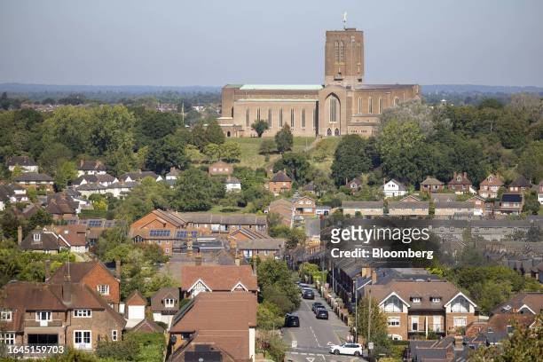 Residential properties in view of Guildford Cathedral in Guildford, UK, on Monday, Sept. 4, 2023. The downturn gripping the UK housing market...