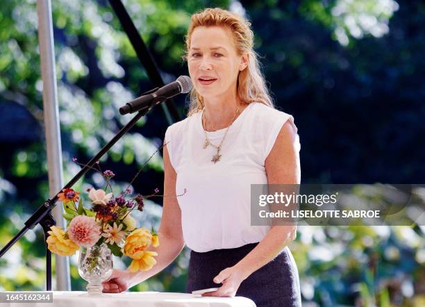 Danish actress Connie Nielsen delivers a speech after having been presented with the Rungstedlund Prize at Rungstedlund, also known as the Karen...