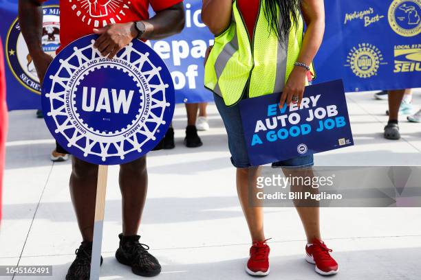 United Auto Workers members and others gather for a rally after marching in the Detroit Labor Day Parade on September 4, 2023 in Detroit, Michigan....