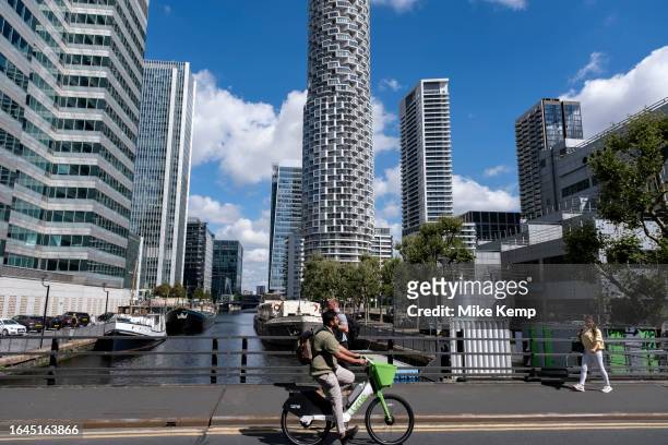 Apartment building One Park Drive at the heart of Canary Wharf financial district on 15th August 2023 in London, United Kingdom. Canary Wharf is an...