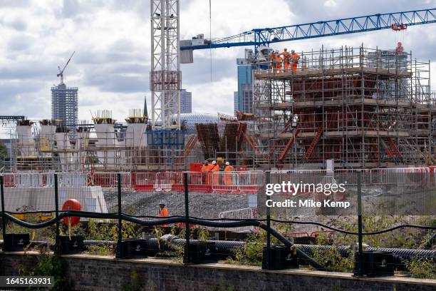 Construction site as supports for the incoming raised tracks begin to take shape near the HS2 mainline station at Curzon Street on 7th August 2023 in...