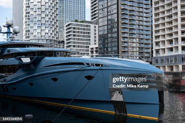 Phi superyacht made by Royal Huisman which is moored at South Dock at the heart of Canary Wharf financial district on 15th August 2023 in London,...