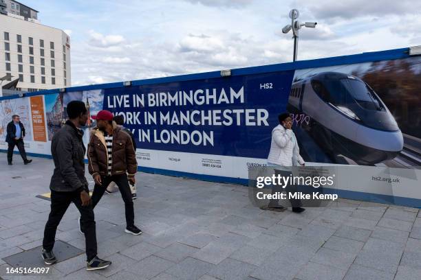 Promotional hoardings surrounding the cconstruction site as work continues on the HS2 mainline station at Curzon Street on 7th August 2023 in...