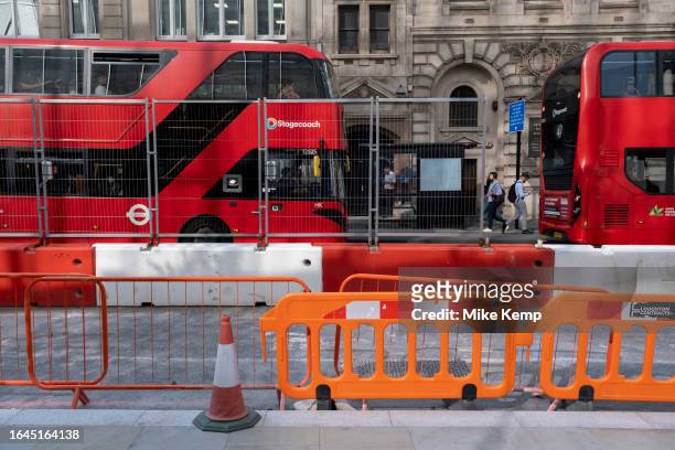 Roadworks disrupt the road and pavement on Bishopsgate in the City of London on 16th August 2023 in London, United Kingdom.