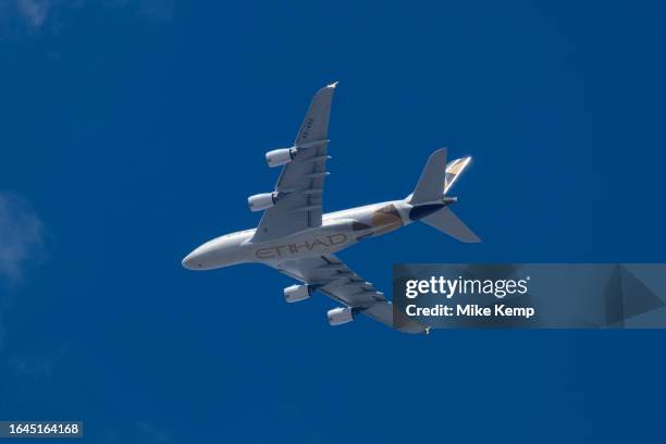 Airbus A380-861 from Etihad Airways on 15th August 2023 in London, United Kingdom. The Airbus A380 is a large wide-body airliner that was developed...