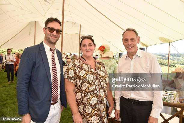 Oli Coleman, Joanna Johnson and Jonathan Marder attend Friends Of Wethersfield Garden Luncheon at Wethersfield Estate & Garden on September 3, 2023...