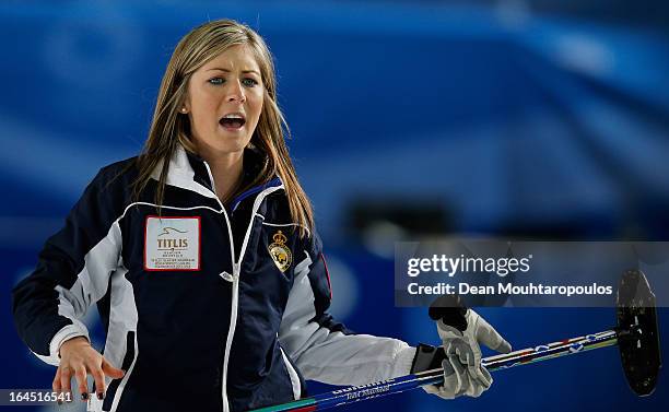 Eve Muirhead of Scotland screams instructions to team mates during the Gold medal match between Sweden and Scotland on Day 9 of the Titlis Glacier...