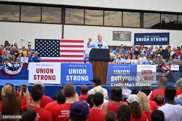 Senator Bob Casey talks to the crowd before U.S. President Joe Biden addresses union workers at Sheet Metal Workers Local 19 on September 4, 2023 in...
