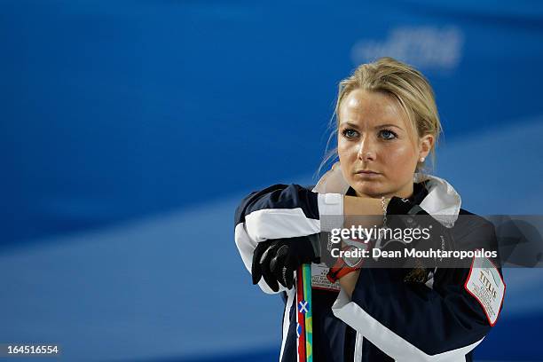 Anna Sloan of Scotland watches Sweden play a shot during the Gold medal match between Sweden and Scotland on Day 9 of the Titlis Glacier Mountain...