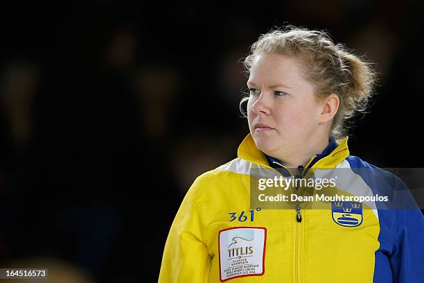 Margaretha Sigfridsson of Sweden looks on during the Gold medal match between Sweden and Scotland on Day 9 of the Titlis Glacier Mountain World...