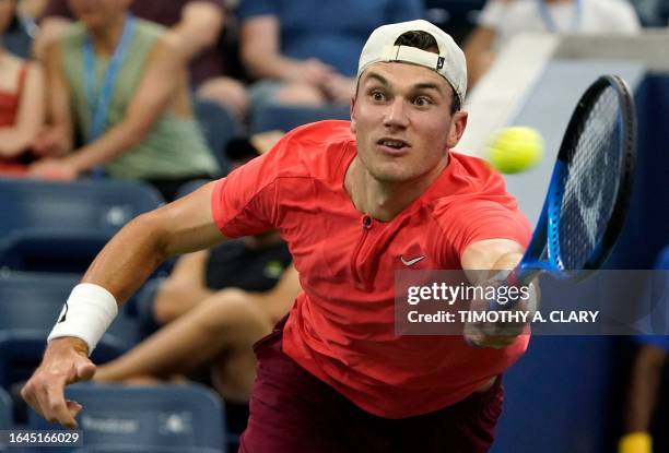 Britain's Jack Draper hits a return to Russia's Andrey Rublev during the US Open tennis tournament men's singles round of 16 match at the USTA Billie...