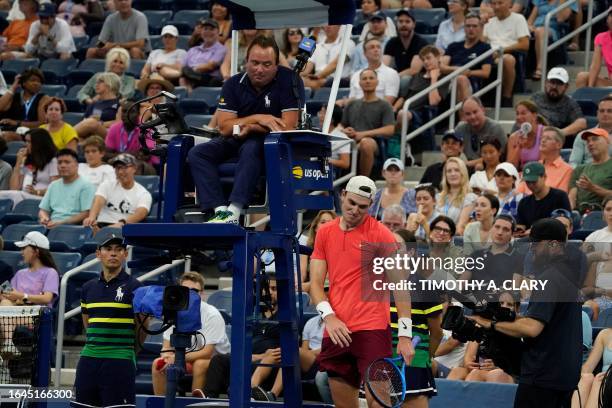 Britain's Jack Draper reacts as he plays against Russia's Andrey Rublev during the US Open tennis tournament men's singles round of 16 match at the...