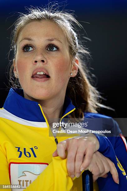 Christina Bertrup of Sweden looks on during the Gold medal match between Sweden and Scotland on Day 9 of the Titlis Glacier Mountain World Women's...