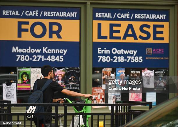 One of many businesses on the Whyte Avenue with sign 'For Lease' seen on August 17 in Edmonton, Alberta, Canada.