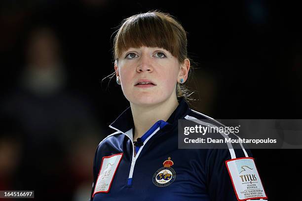 Claire Hamilton of Scotland looks on during the Gold medal match between Sweden and Scotland on Day 9 of the Titlis Glacier Mountain World Women's...