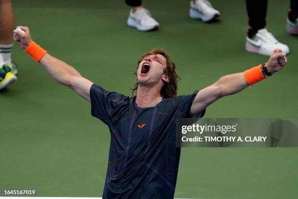 Russia's Andrey Rublev reacts after defeated Britain's Jack Draper during the US Open tennis tournament men's singles round of 16 match at the USTA...