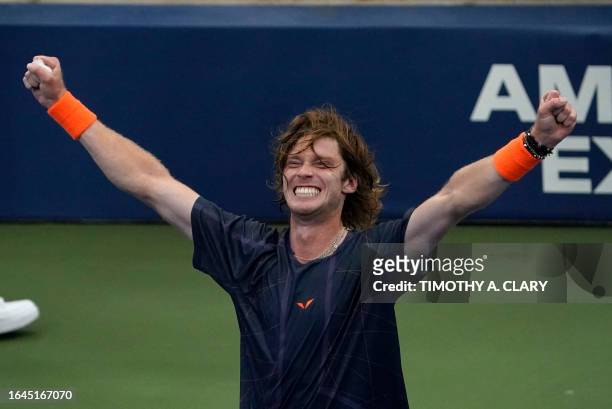 Russia's Andrey Rublev reacts after defeated Britain's Jack Draper during the US Open tennis tournament men's singles round of 16 match at the USTA...