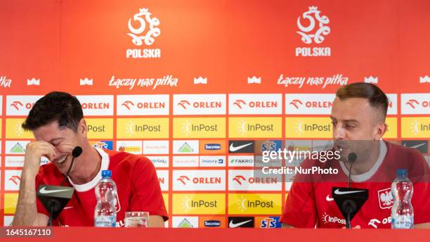 Robert Lewandowski, Kamil Grosicki during press conference of Poland national football team before UEFA Euro 2024 qualifier match against Faroe...