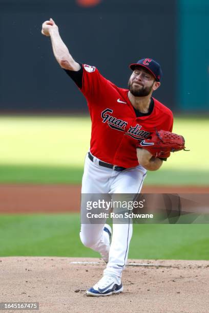 Lucas Giolito of the Cleveland Guardians pitches against the Minnesota Twins during the first inning at Progressive Field on September 04, 2023 in...