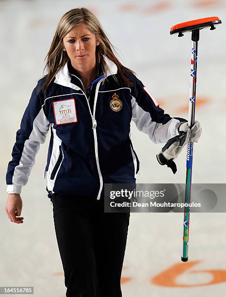 Eve Muirhead of Scotland looks on during the Gold medal match between Sweden and Scotland on Day 9 of the Titlis Glacier Mountain World Women's...