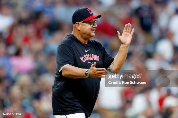 Terry Francona of the Cleveland Guardians walks the the mound to remove Enyel De Los Santos from the game during the sixth inning against the...