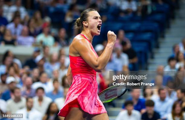 Aryna Sabalenka of Belarus in action against Daria Kasatkina of Russia in the fourth round on Day 8 of the US Open at USTA Billie Jean King National...