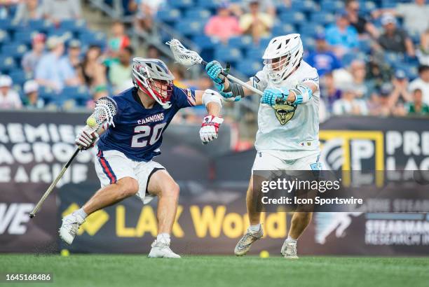 Cannons midfield Matt Campbell and Atlas defensive midfield Chet Comizio in action during the Premier Lacrosse League quarterfinal match between...