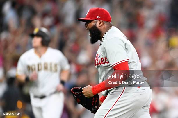 Jose Alvarado of the Philadelphia Phillies reacts after the Phillies beat the San Diego Padres 9-7 in a baseball game on September 4, 2023 at Petco...