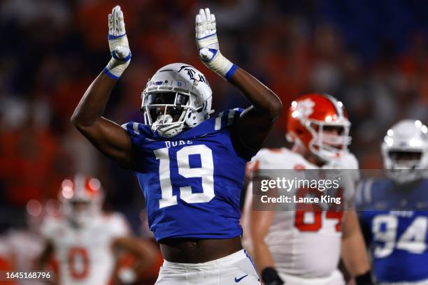 Vincent Anthony Jr. #19 of the Duke Blue Devils reacts following a defensive stop against the Clemson Tigers during the first half of the game at...