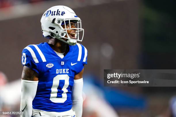 Chandler Rivers of the Duke Blue Devils reacts after a big play during a football game against the Clemson Tigers at Wallace Wade Stadium in Durham,...